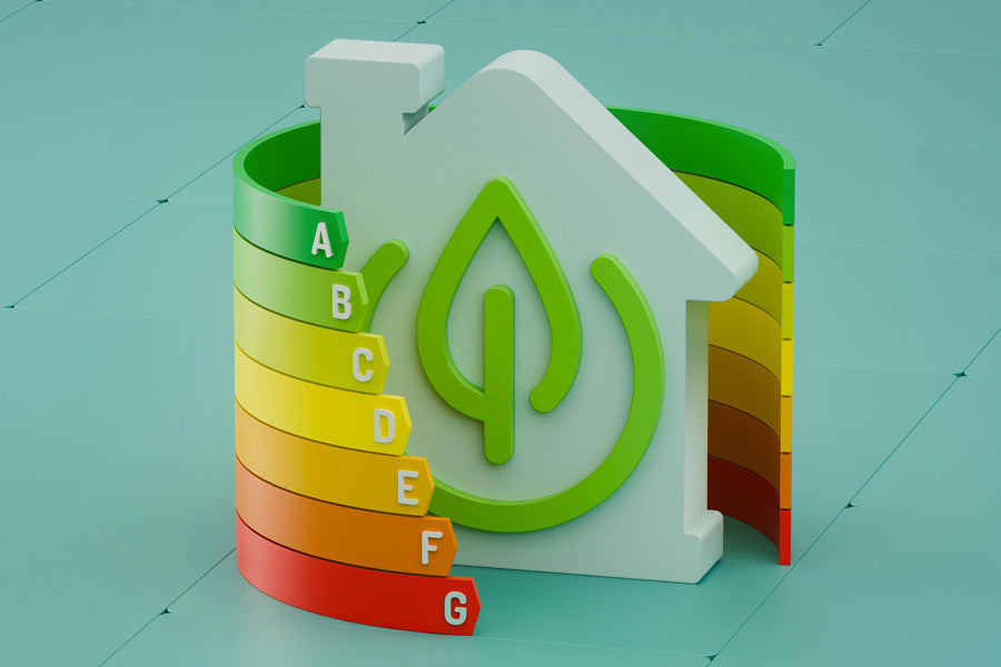 Symbolgrafik eines EU-Energielabels mit den Klassen A bis G, dargestellt als farbige Balken mit grünem Stromstecker im Vordergrund.