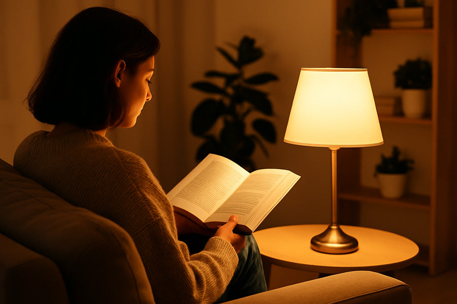 Titelbild: Gemütliches Wohnzimmer mit warmem Licht, Frau sitzt auf der Couch und liest ein Buch unter einer leuchtenden Lampe.